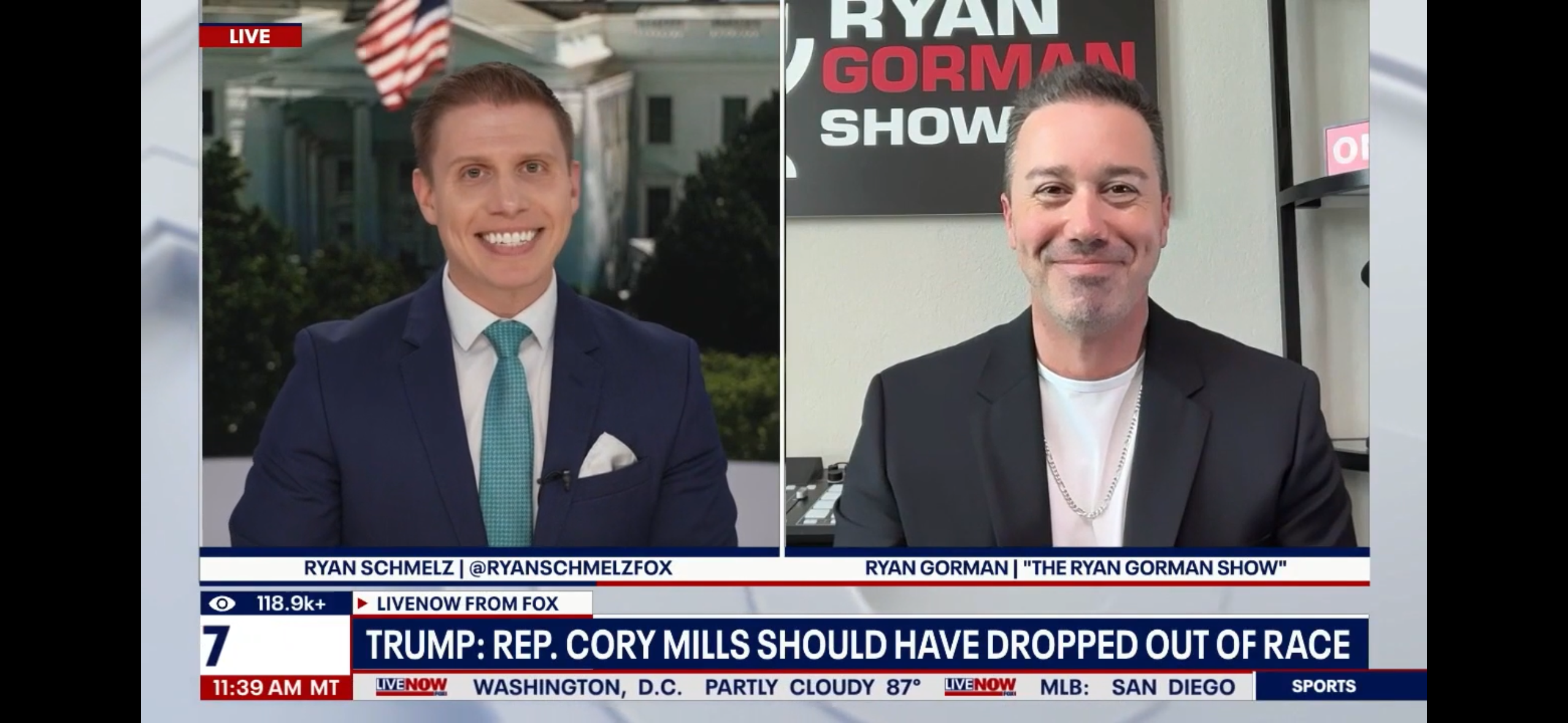 Ryan Gorman appearing alongside a host during a LiveNOW from FOX television interview